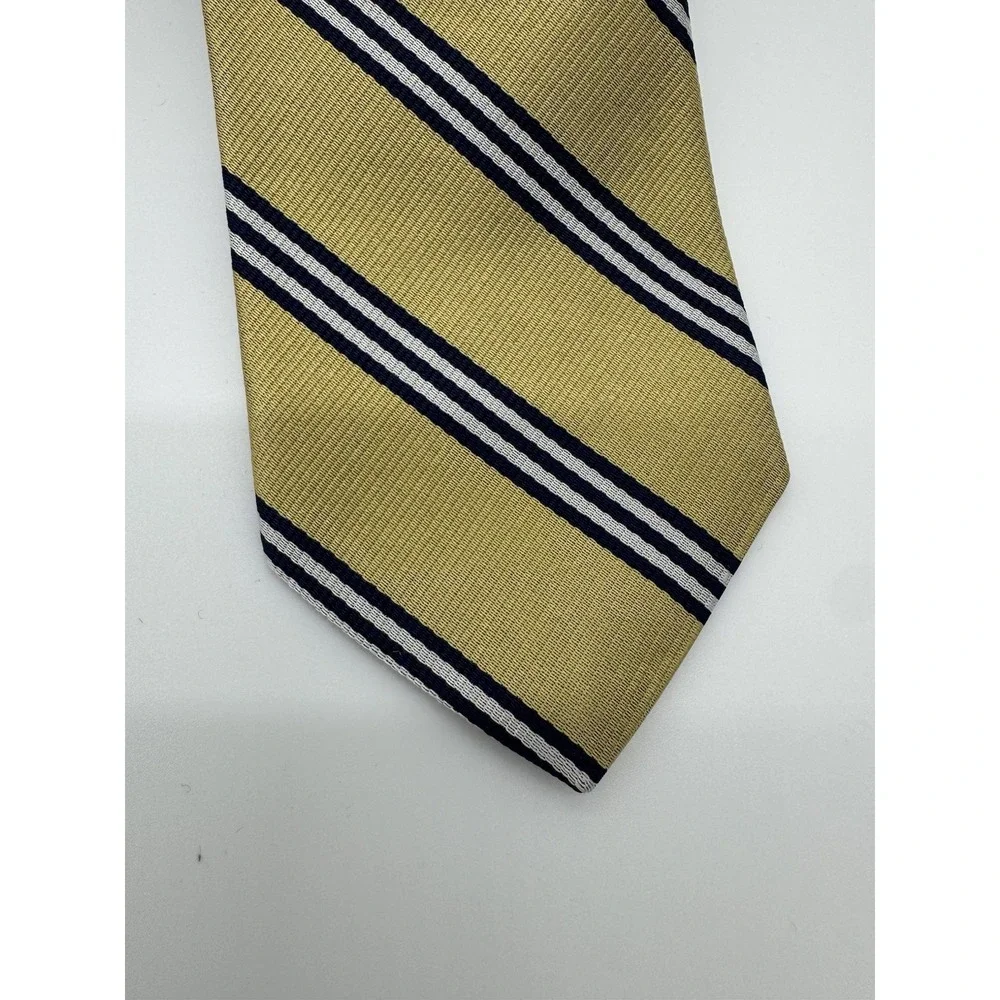 Brooks Brothers Fleece Tie Yellow Blue Stripe 100% Silk Classic Repp Necktie